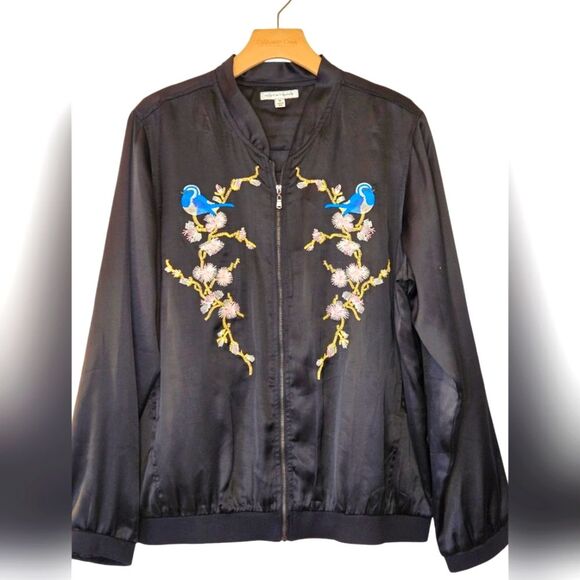 Notations Black Vintage Zip Closure Bomber Floral/Bird Embroidered Jacket XL - Picture 1 of 14